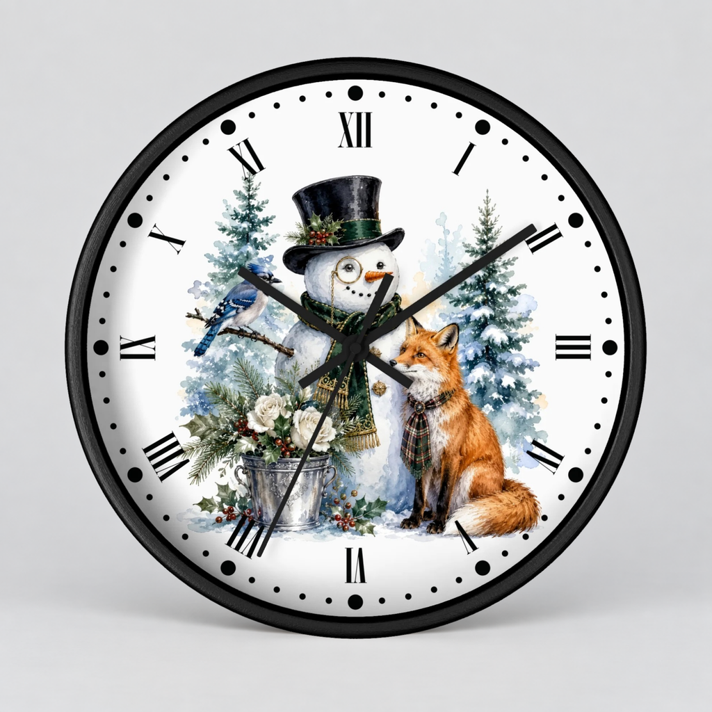 A round wall clock with a black frame and a white face featuring a winter illustration of a snowman in a top hat, a bluebird, a fox, evergreen trees, and Roman numerals.