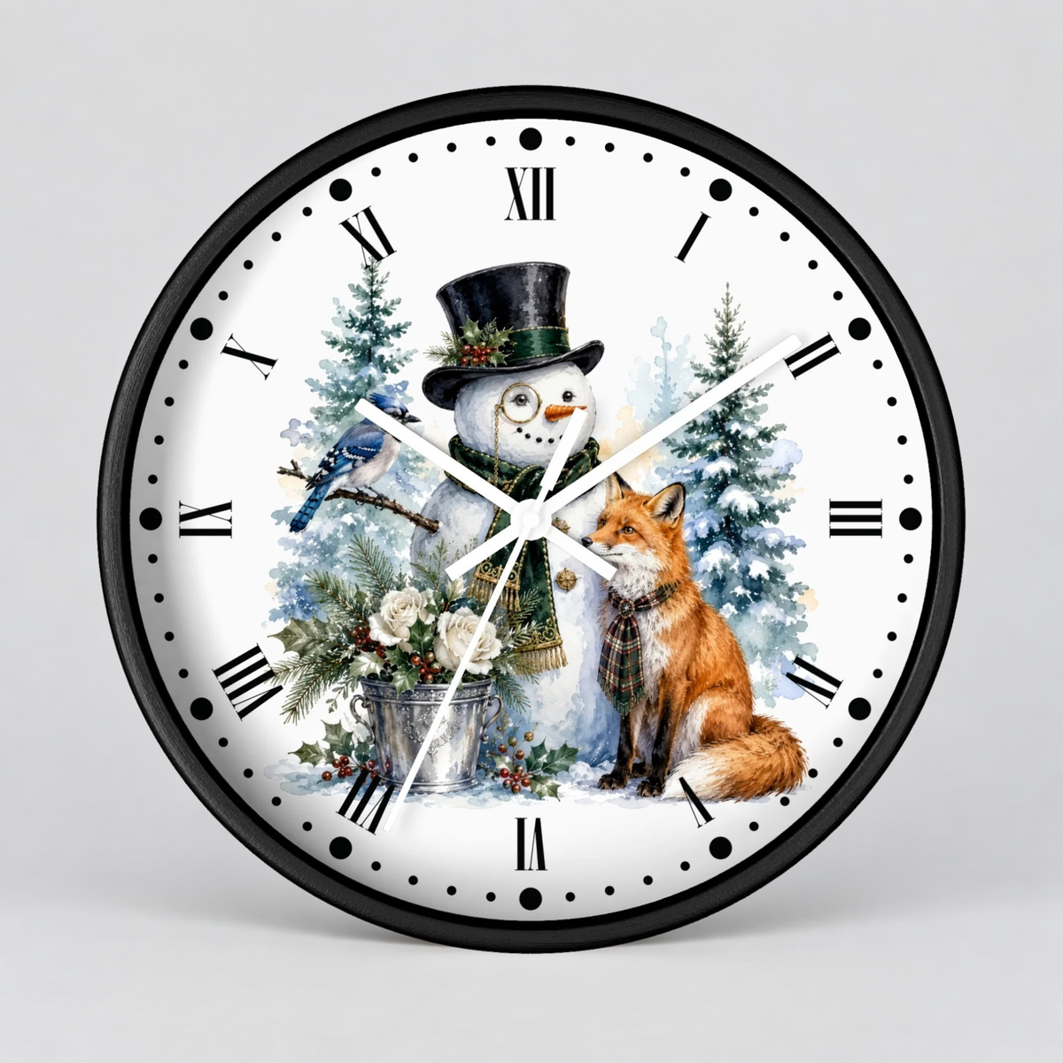 A round wall clock with a black frame and a white face featuring a winter illustration of a snowman in a top hat, a fox, a bluebird, evergreen trees, and black Roman numerals.
