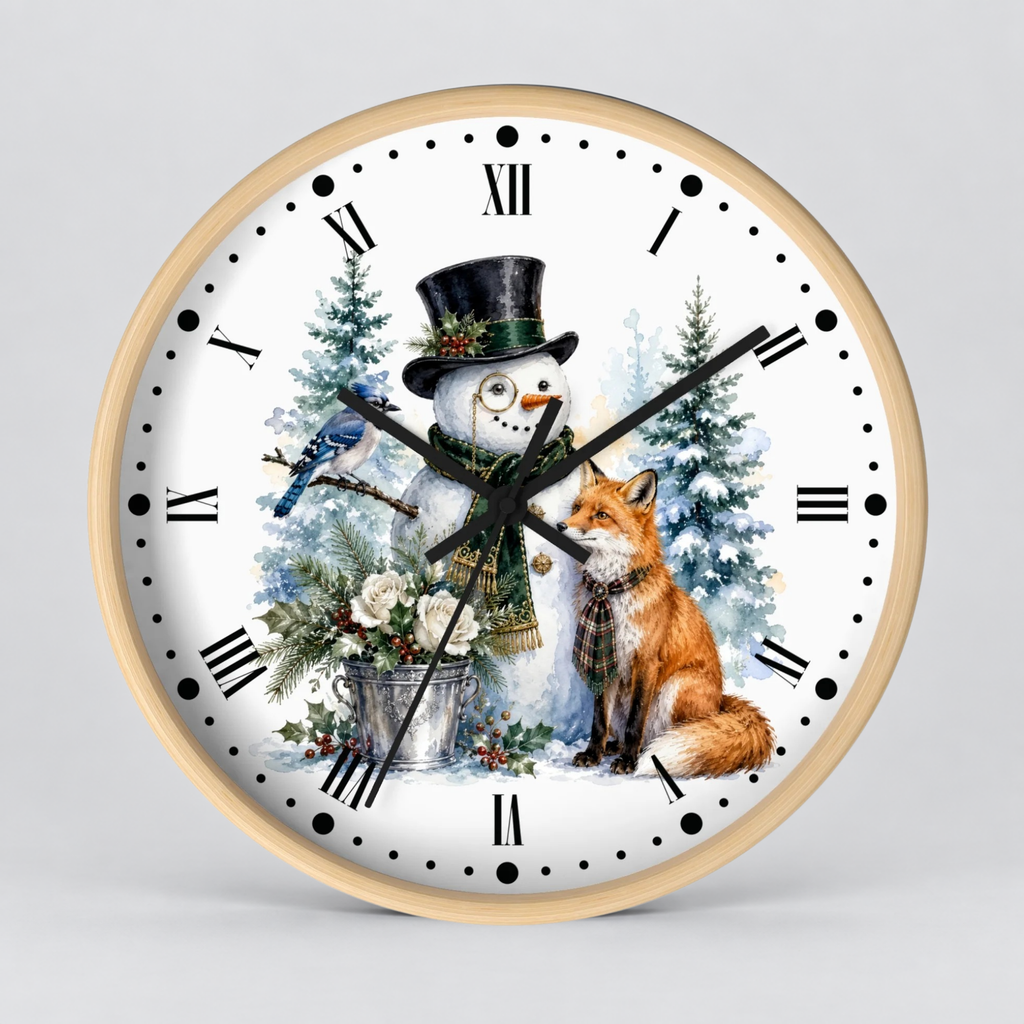 A round wall clock with a light wood frame and a white face featuring a winter illustration of a snowman in a top hat, a bluebird, evergreen trees, and a red fox. The clock has black Roman numerals and black hands on a light gray background.