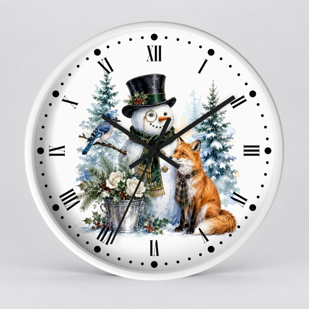A round white wall clock featuring a winter illustration with a snowman in a top hat, a red fox, a bluebird, evergreen trees, and black Roman numerals on a light gray background.