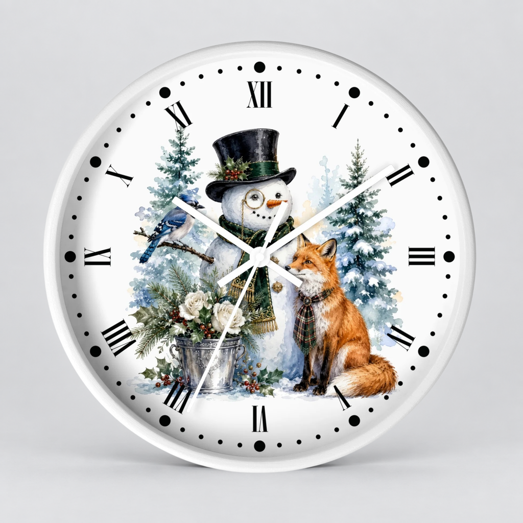 A round white wall clock with black Roman numerals and markers, featuring a winter holiday illustration on the face with a snowman in a top hat, a bluebird, a red fox, evergreen trees, and a bucket of flowers, shown against a light gray background.