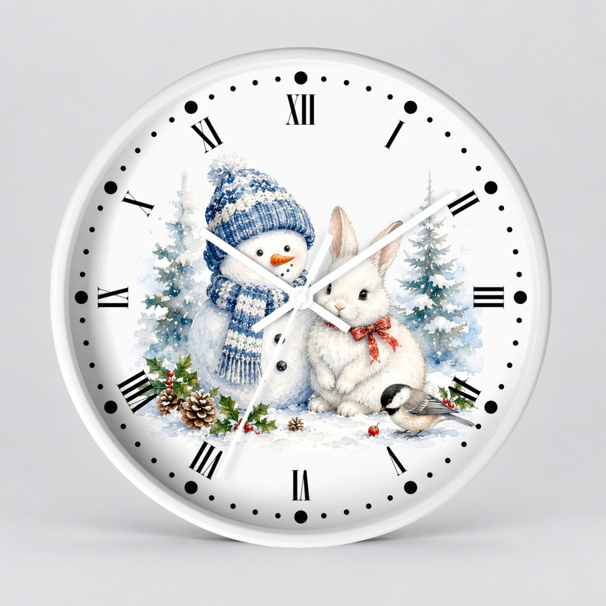 A round white wall clock with a winter holiday illustration on the face, featuring a snowman in a blue knit hat, a white rabbit with a red bow, evergreen trees, pinecones, and a small bird. The clock has black Roman numerals and black dot hour markers on a light gray background.