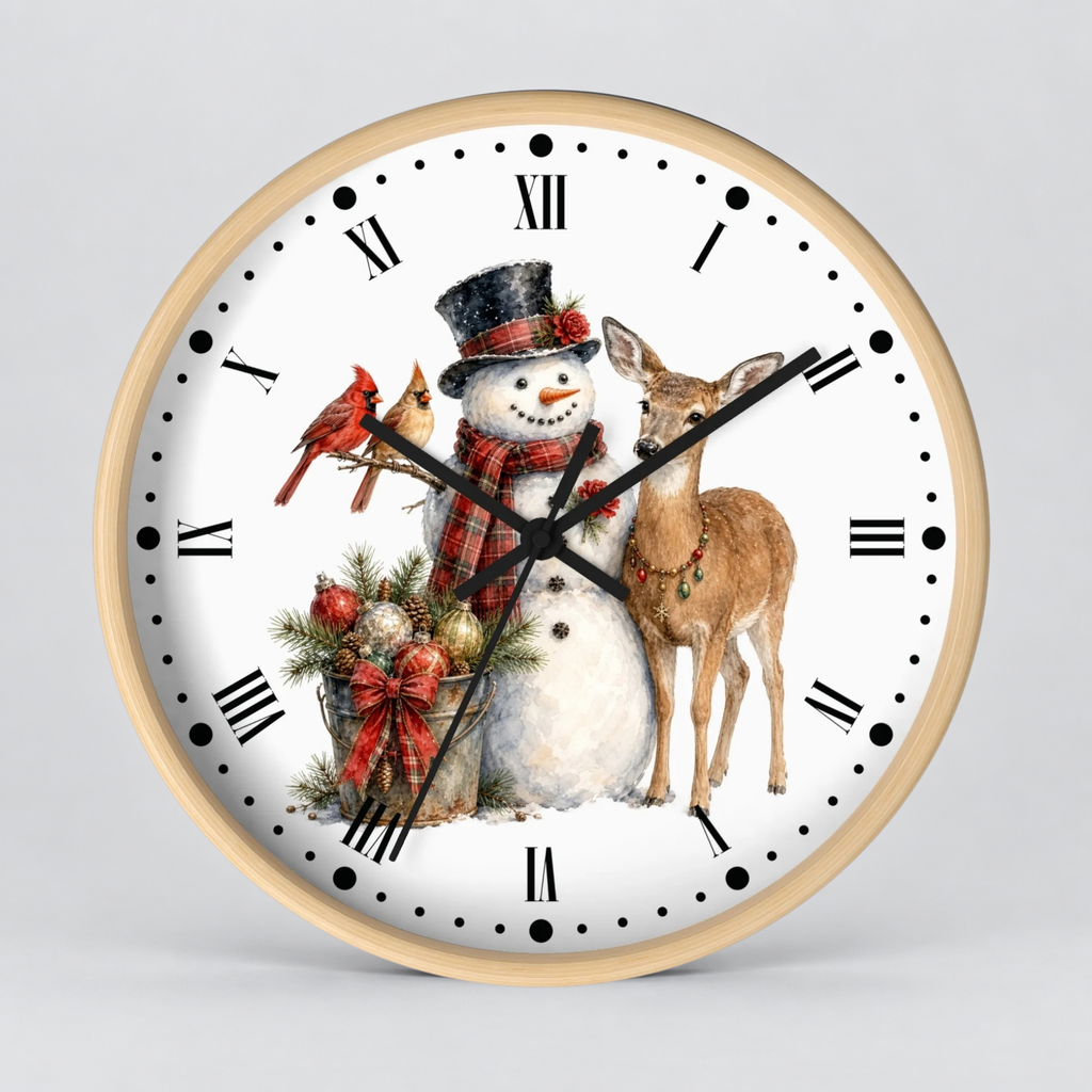 A round wall clock with a light wood frame and a white face featuring a festive Christmas illustration of a snowman, a deer, two red cardinals, and holiday greenery, with black Roman numerals and hands on a light gray background.