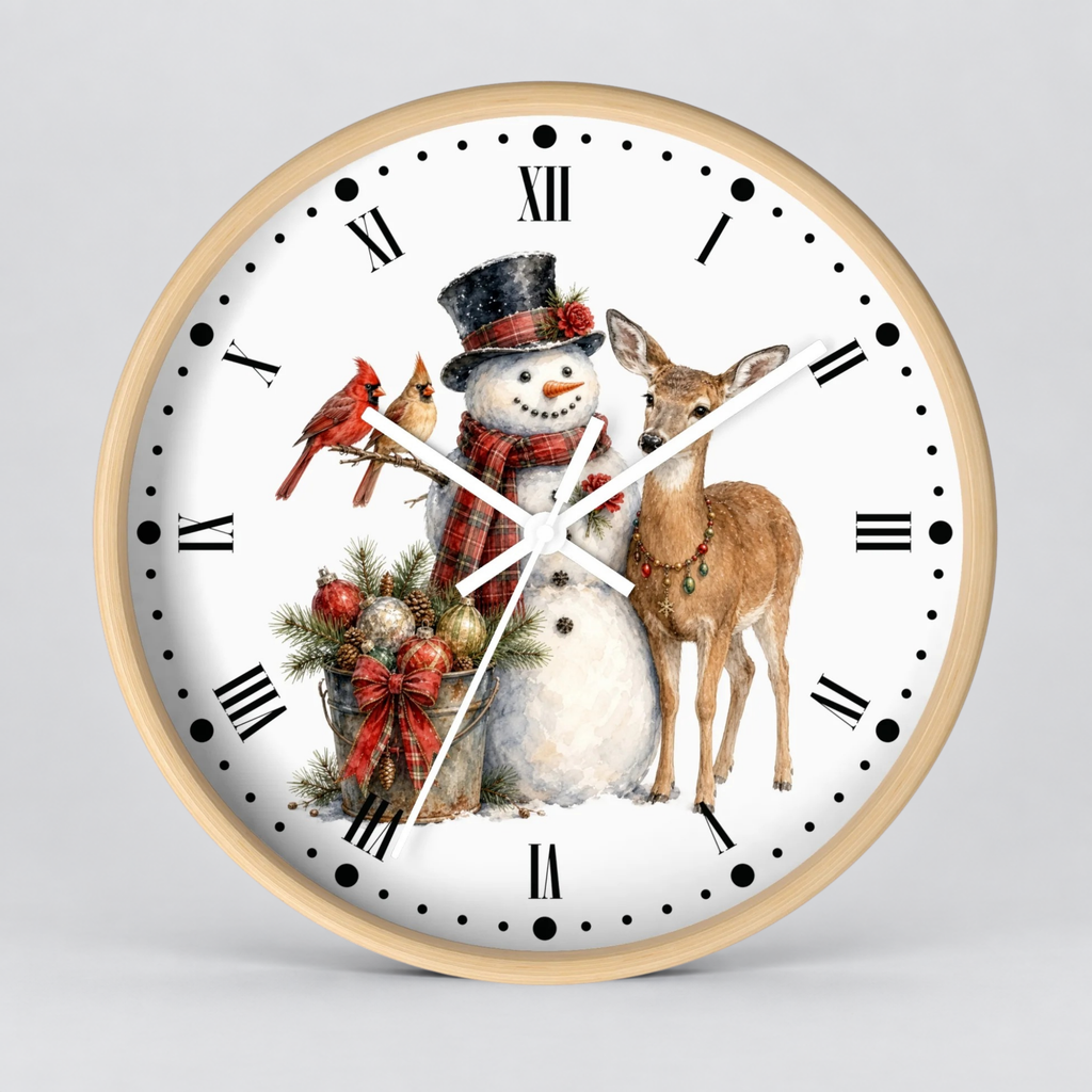 A round wall clock with a light wood frame and a white face, featuring a festive illustration of a snowman, a deer, two cardinals, and holiday greenery. The clock has black Roman numerals and black dot hour markers with white hands.