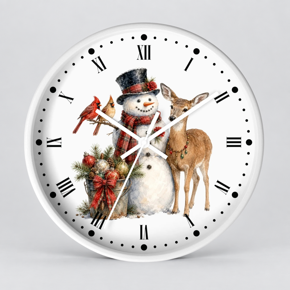 A round white wall clock with a festive winter illustration on the face, featuring a snowman in a top hat and scarf, a red-breasted bird on a branch, and a deer, set against a light gray background.
