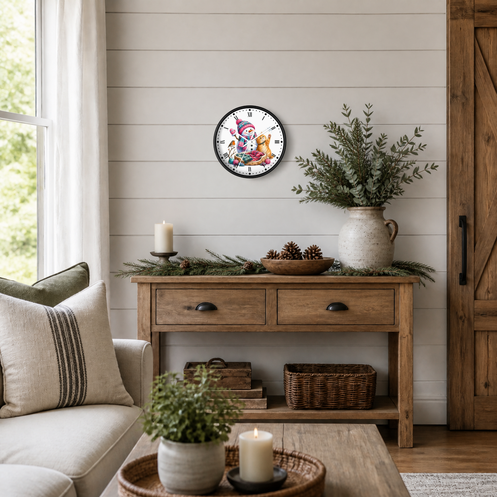 A round wall clock with a colorful snowman and kitten illustration and black numerals, styled on a shiplap wall above a rustic wooden console table in a cozy living room setting.