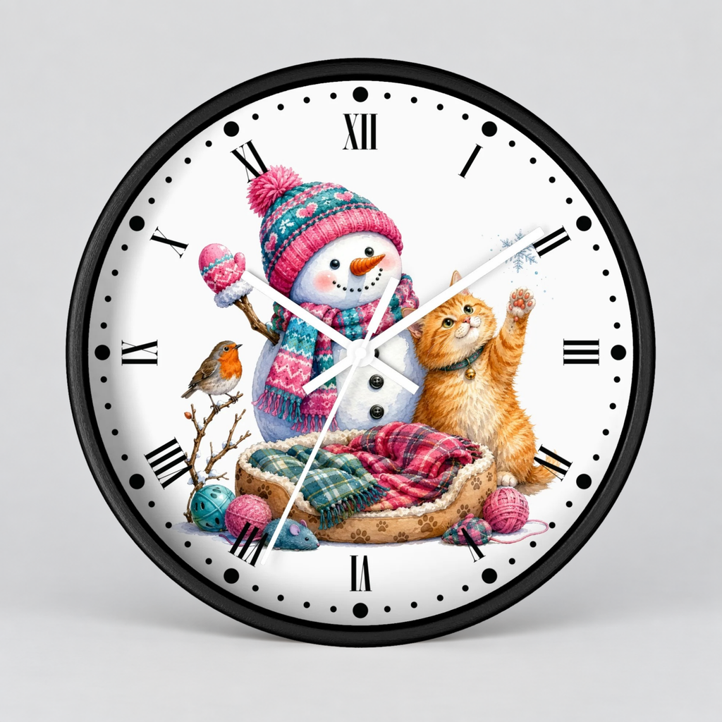 A round wall clock with a black frame and a white face featuring a festive winter illustration of a snowman in a pink knit hat and scarf, an orange tabby cat, a small bird, and a pet bed with plaid blankets.