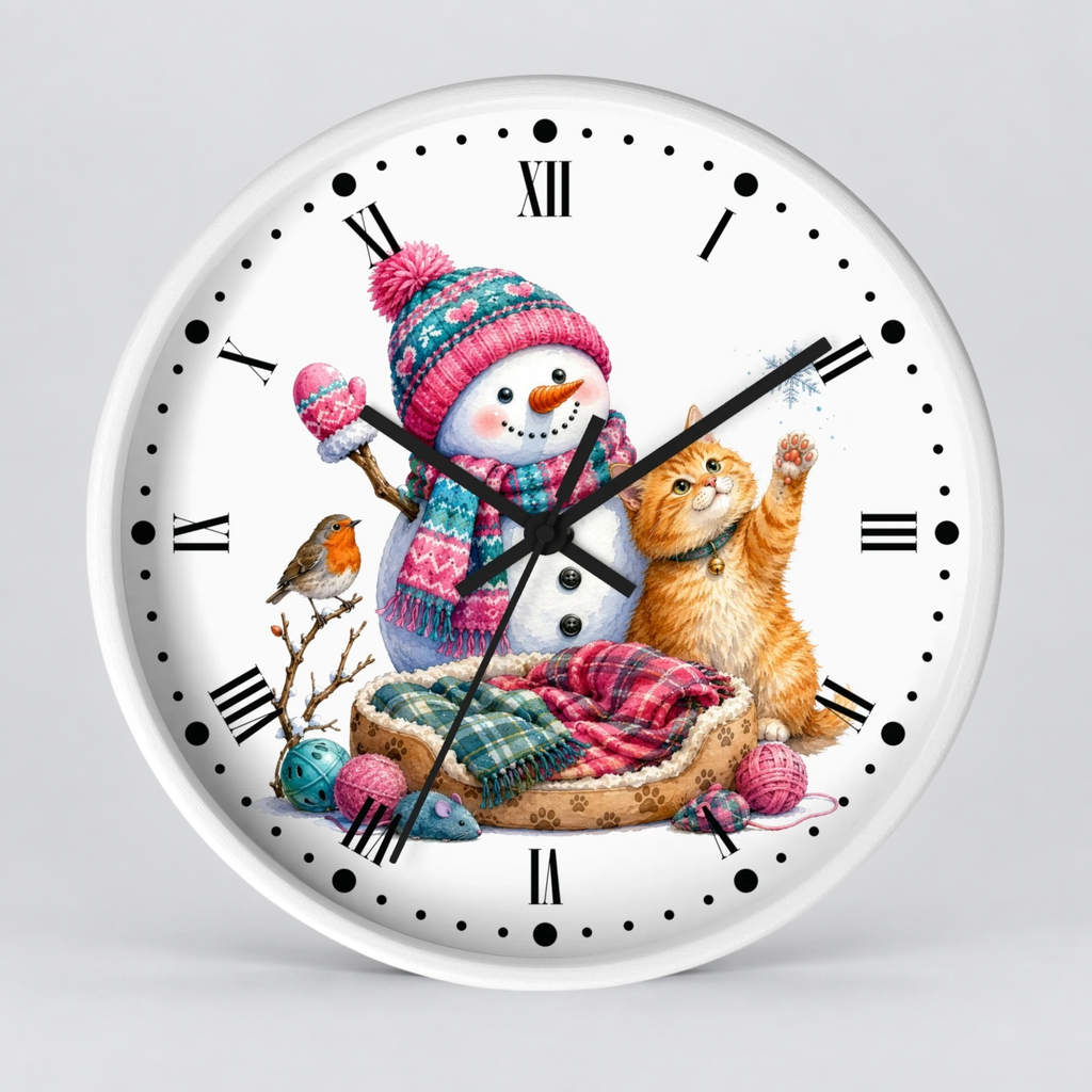 A round white wall clock with black Roman numerals and hour markers, featuring a colorful winter illustration on the face with a snowman in a pink knit hat, an orange tabby cat, a small bird, and a pet bed.