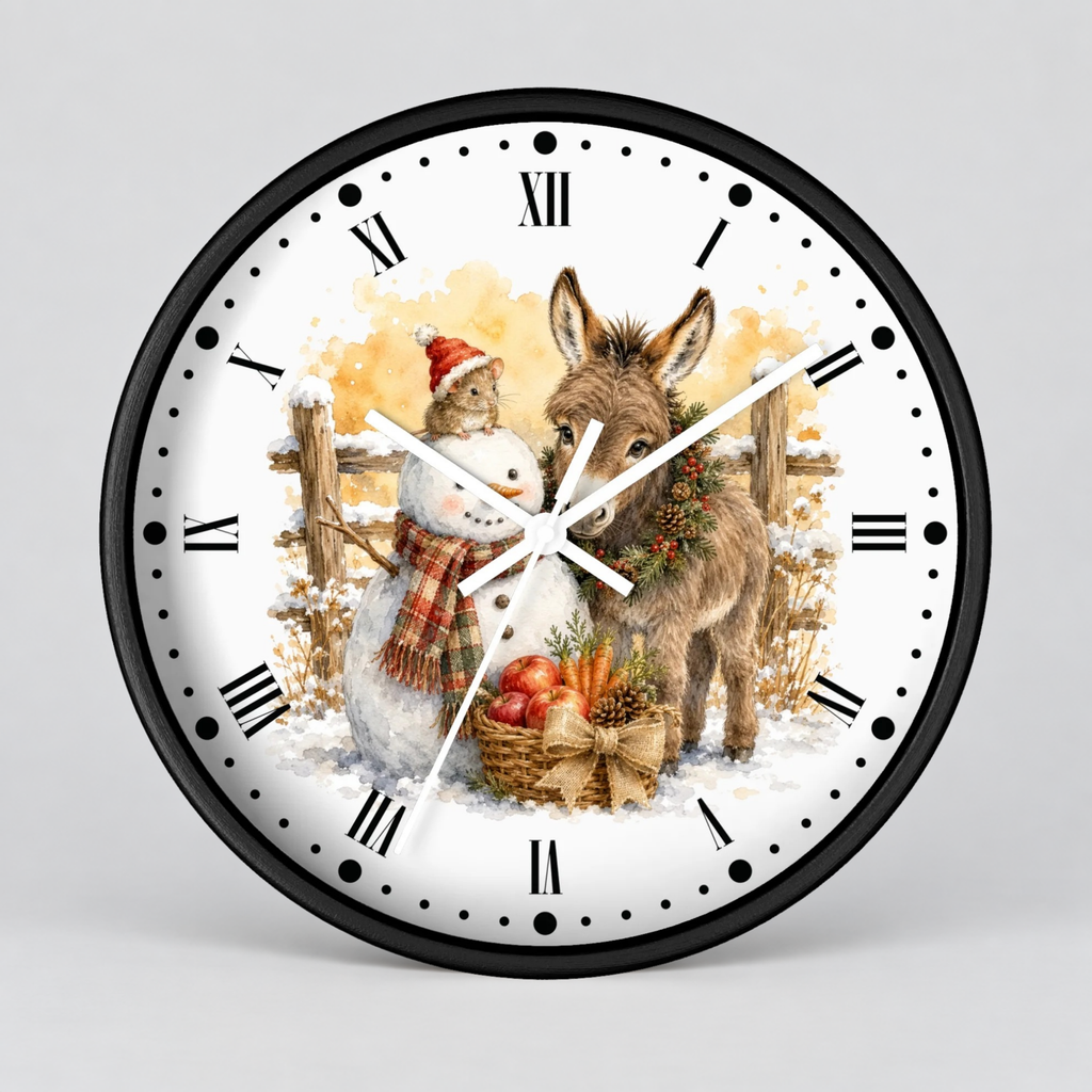Round wall clock with a black frame and a white face featuring a winter holiday illustration of a snowman and a donkey, with Roman numerals and white hands, shown on a light gray background.
