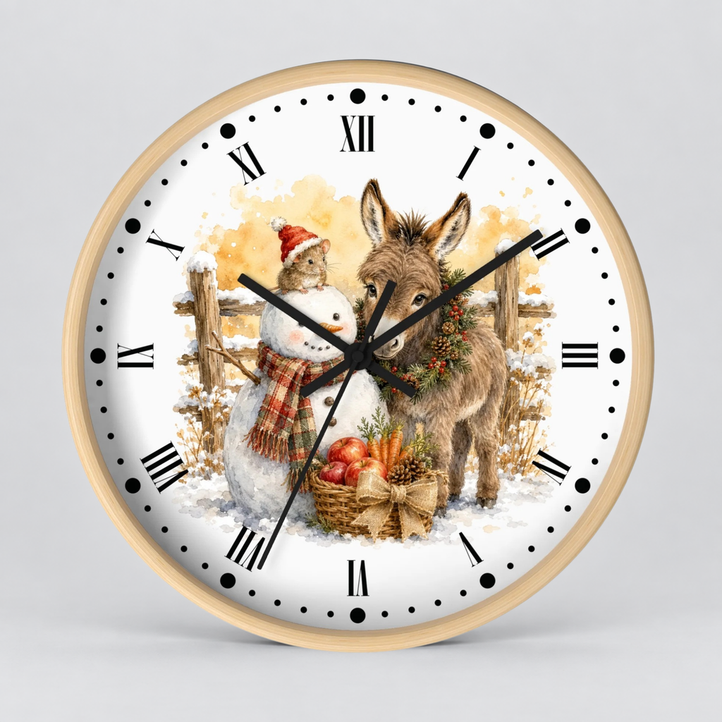 Round wall clock with a light wood frame and a white face featuring a winter scene with a snowman, a donkey, and a basket of pumpkins. The clock has black Roman numerals and black hands on a light gray background.