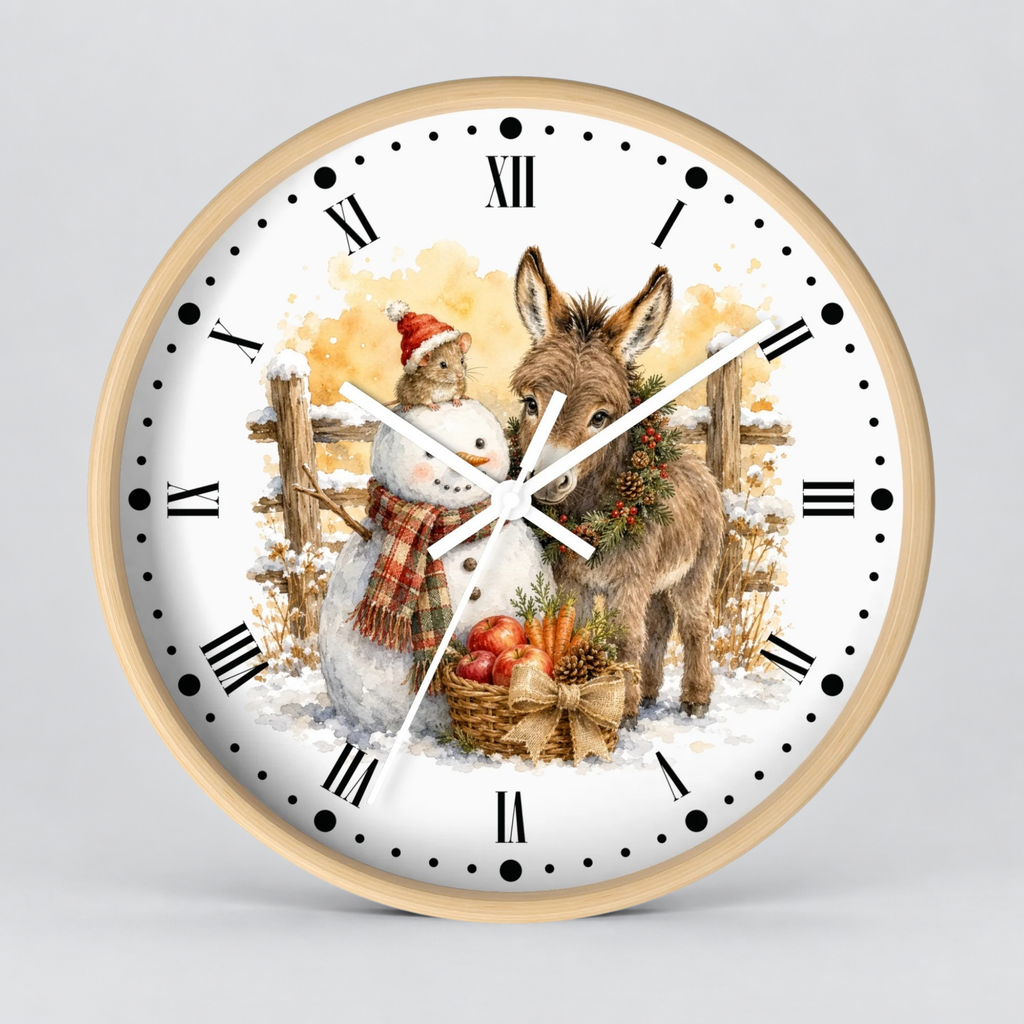 A round wall clock with a light wood frame and a white face featuring a winter illustration of a snowman and a donkey in the snow, with black Roman numerals and white hands.