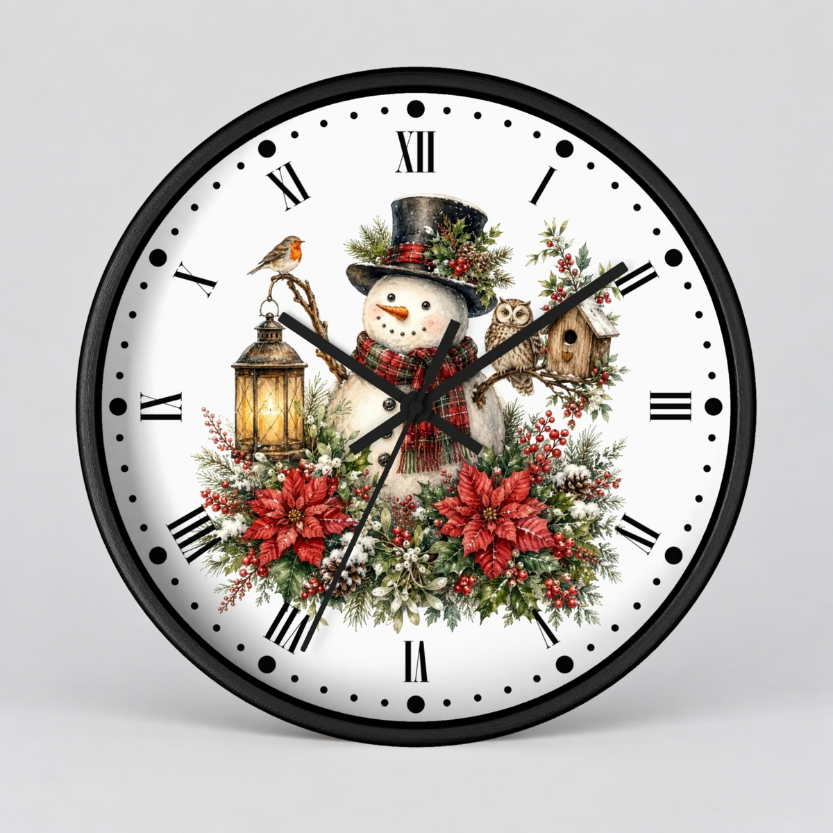 A round wall clock with a black frame and a white face featuring a festive Christmas design. The design includes a snowman wearing a black top hat and red scarf, surrounded by red poinsettias, green holly leaves, a small bird, a lantern, and a birdhouse.