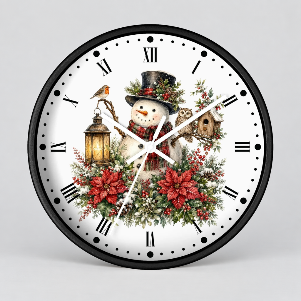 A round wall clock with a black frame and a white face featuring a festive Christmas illustration. The design includes a snowman in a top hat surrounded by red poinsettias, green foliage, a lantern, a bird, and a small birdhouse, with black Roman numerals and white hands.