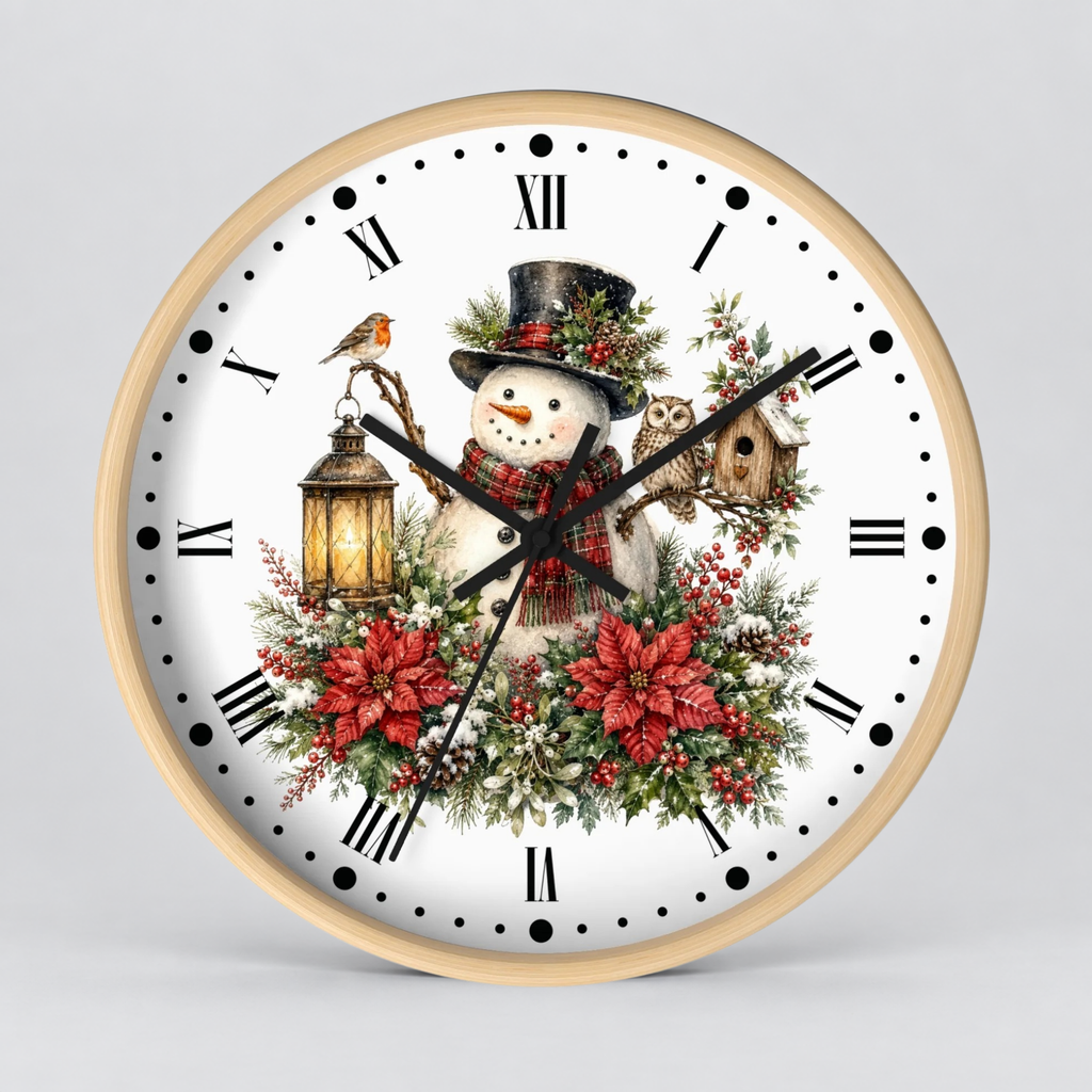 A round wall clock with a light wood frame and a white face featuring a festive Christmas design. The design includes a snowman wearing a black top hat and red scarf, surrounded by green holly leaves, red poinsettias, a small bird, a lantern, and a birdhouse.