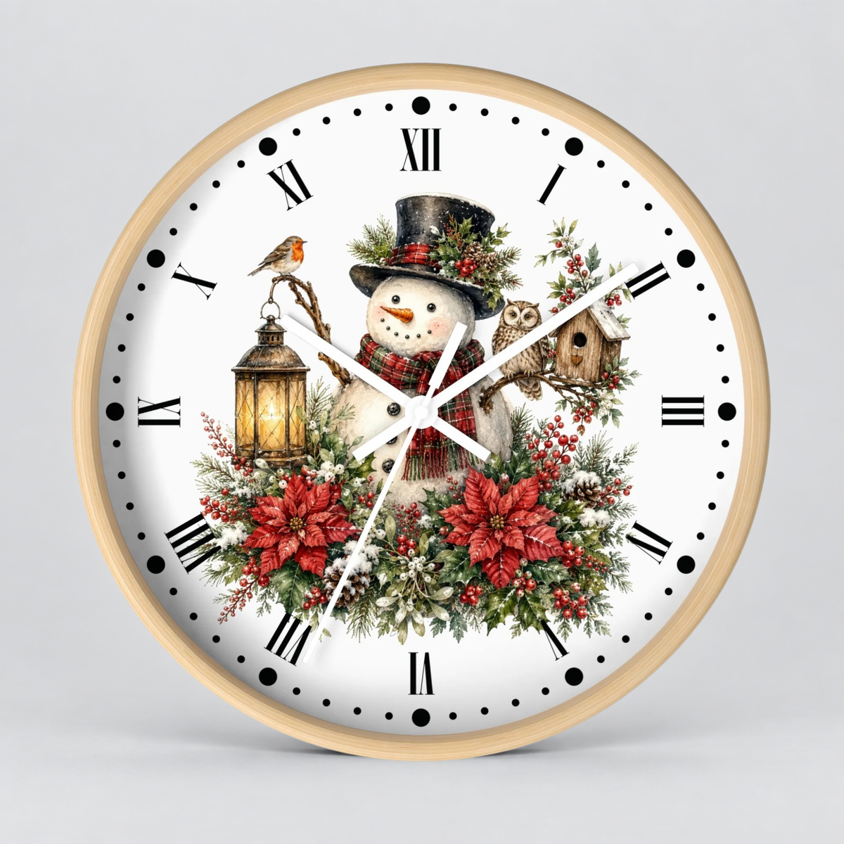 A round wall clock with a light wood frame and a white face featuring a festive Christmas illustration of a snowman, poinsettias, a bird, a lantern, and a birdhouse.