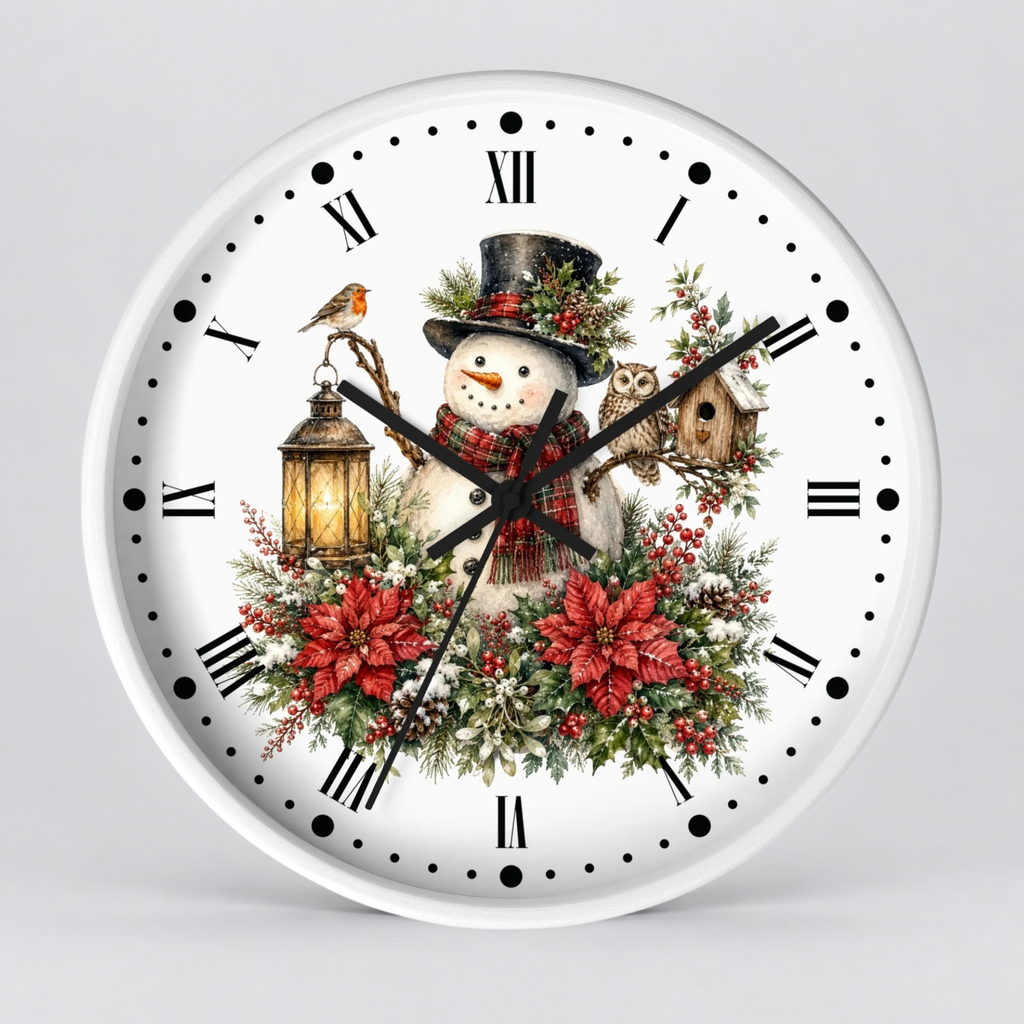 A round white wall clock with black Roman numerals and hands, decorated with a festive winter illustration featuring a snowman, poinsettias, a lantern, an owl, and a bird.