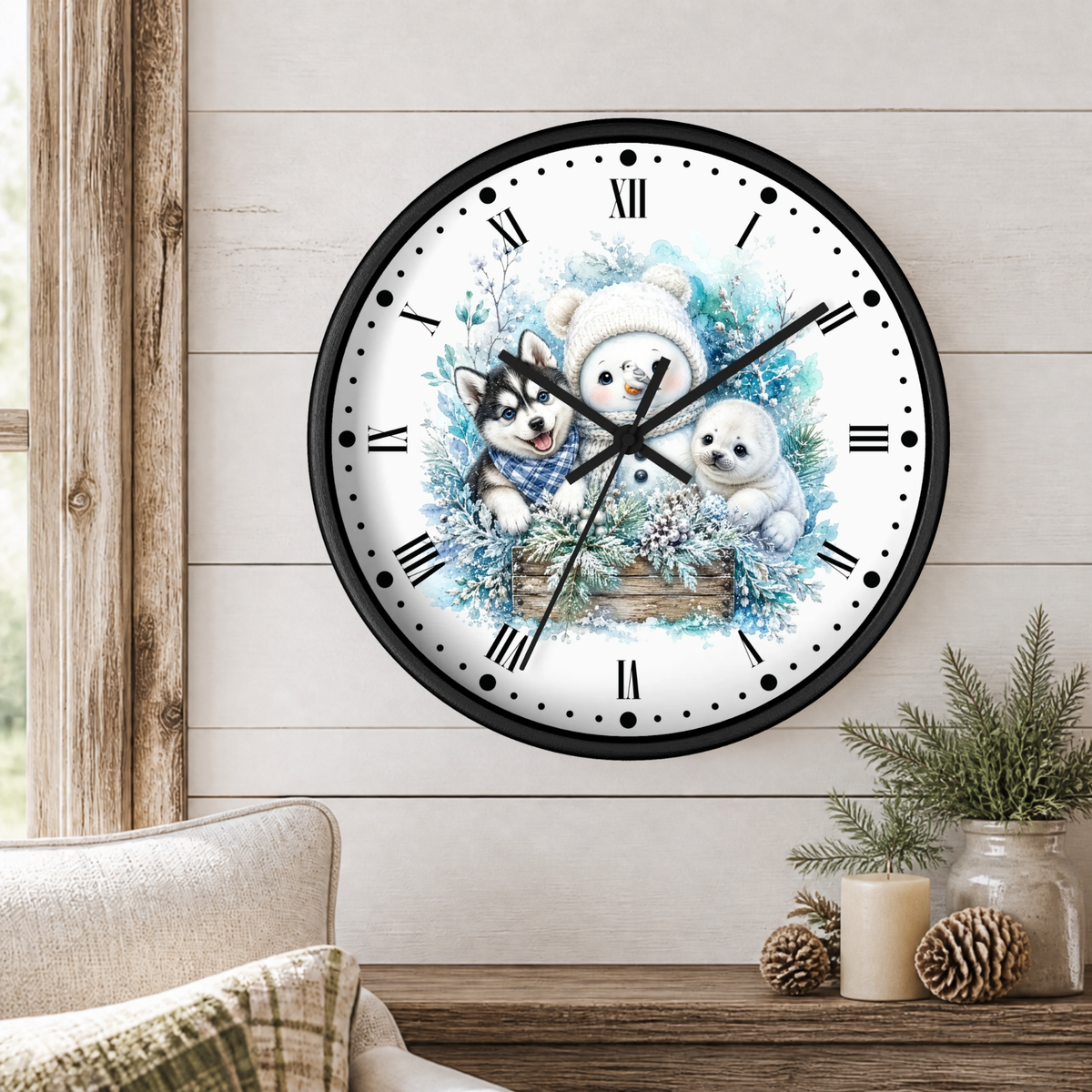 Winter Friends Wall Clock — Snowman, Husky & Seal Holiday Decor