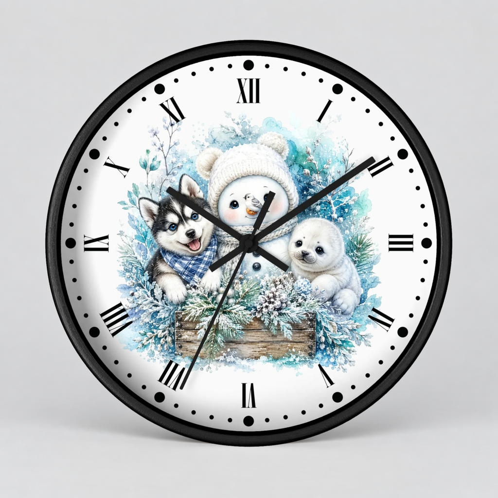 Winter Friends Wall Clock — Snowman, Husky & Seal Holiday Decor