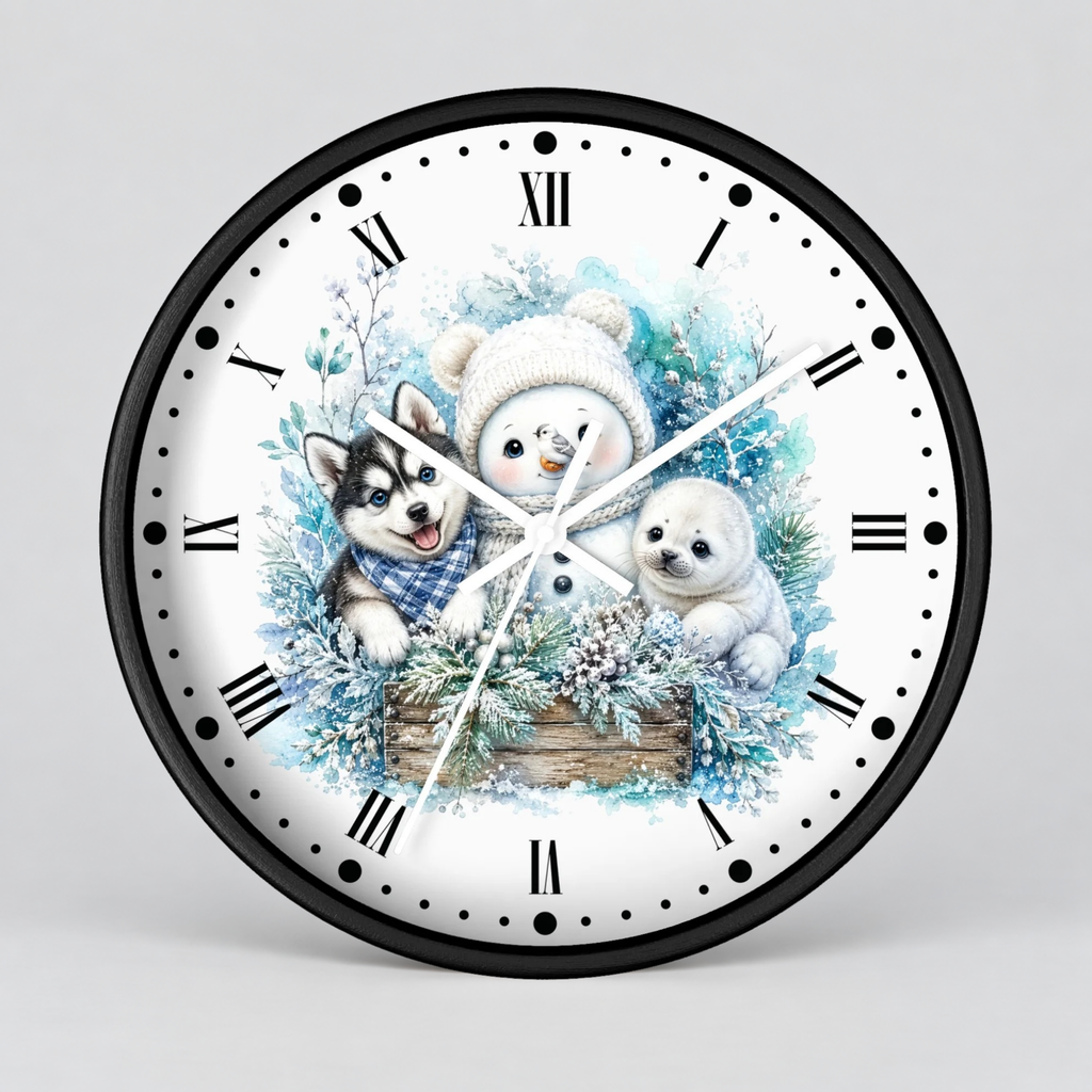Winter Friends Wall Clock — Snowman, Husky & Seal Holiday Decor