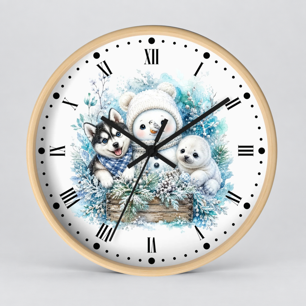 Winter Friends Wall Clock — Snowman, Husky & Seal Holiday Decor