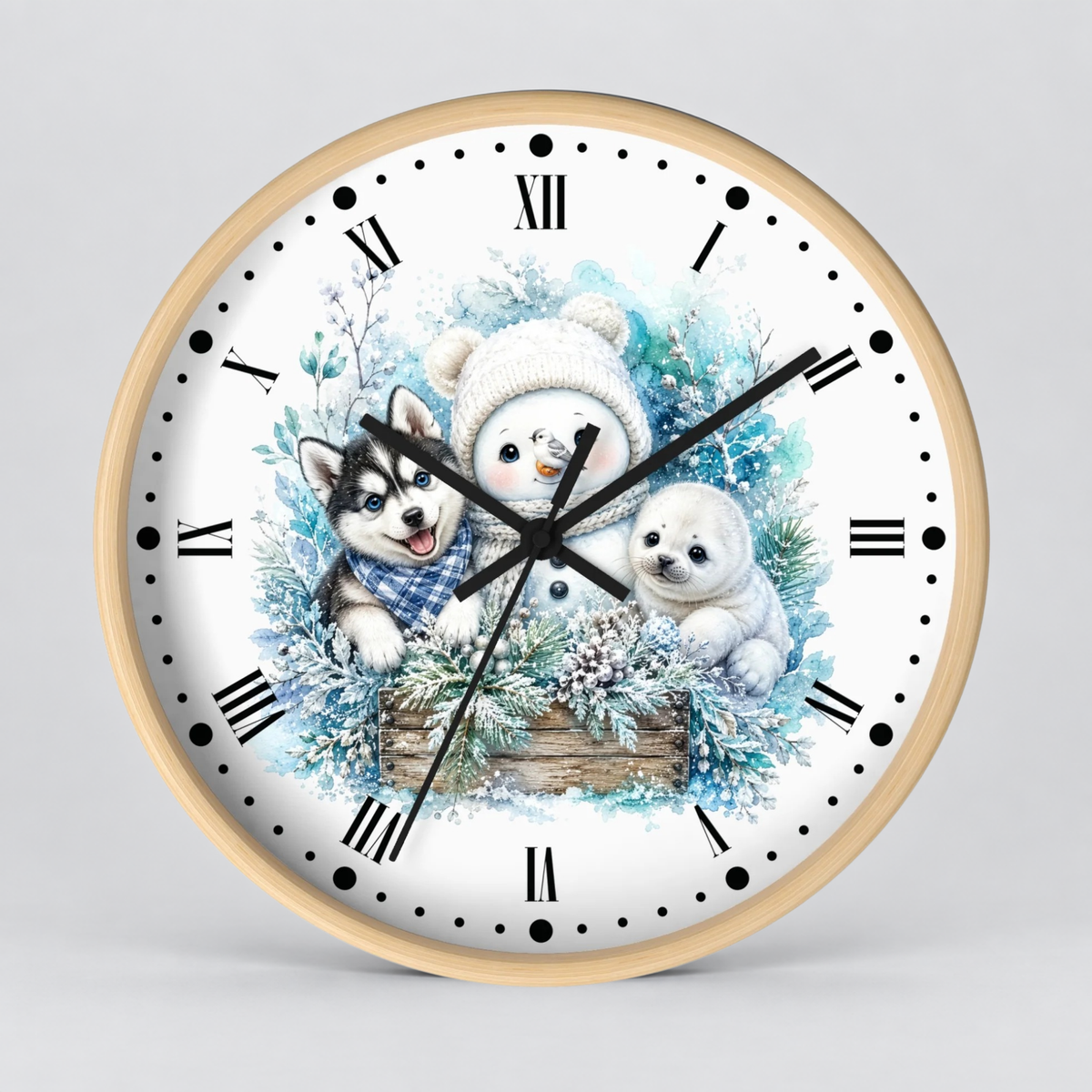 Winter Friends Wall Clock — Snowman, Husky & Seal Holiday Decor