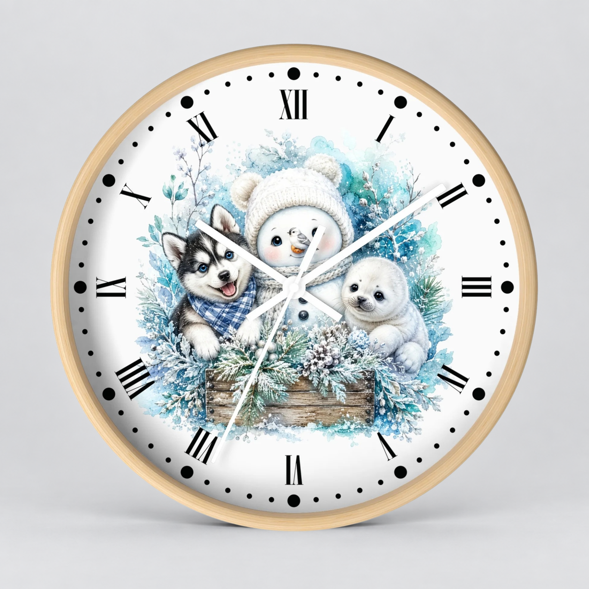 Winter Friends Wall Clock — Snowman, Husky & Seal Holiday Decor