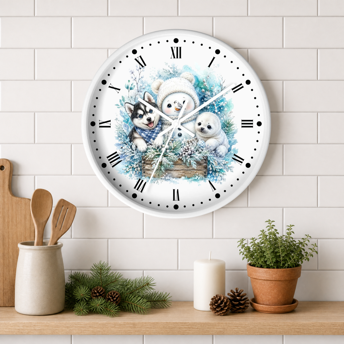 Winter Friends Wall Clock — Snowman, Husky & Seal Holiday Decor