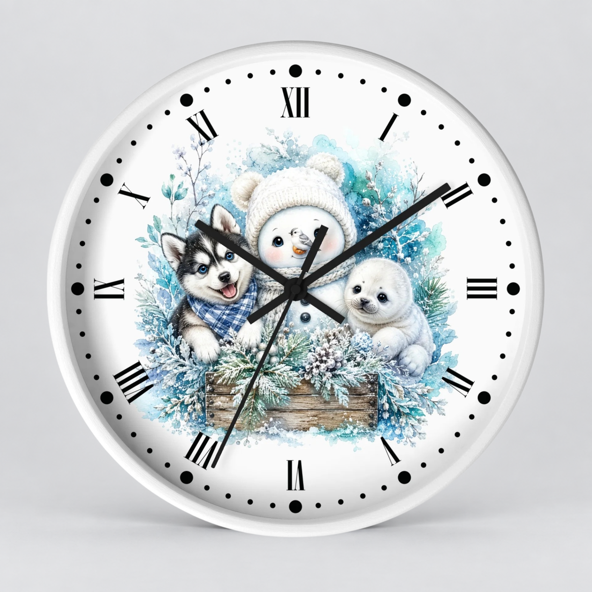 Winter Friends Wall Clock — Snowman, Husky & Seal Holiday Decor