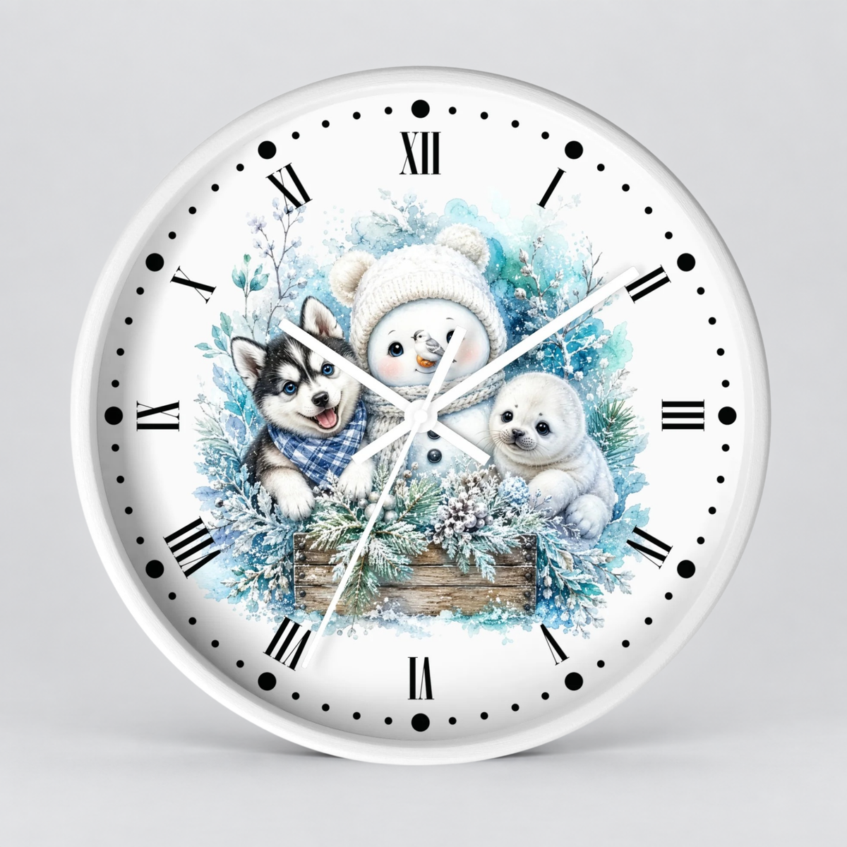 Winter Friends Wall Clock — Snowman, Husky & Seal Holiday Decor