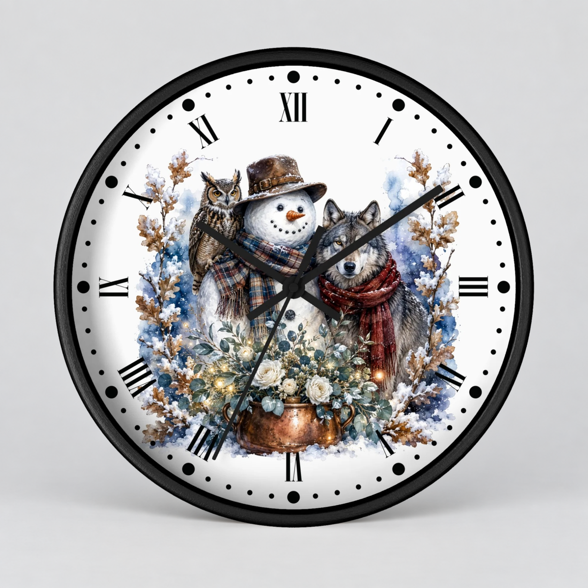 A round wall clock with a black frame and a white face featuring a winter illustration of a snowman, owl, wolf, and flowers, with black Roman numerals and hands on a light gray background.