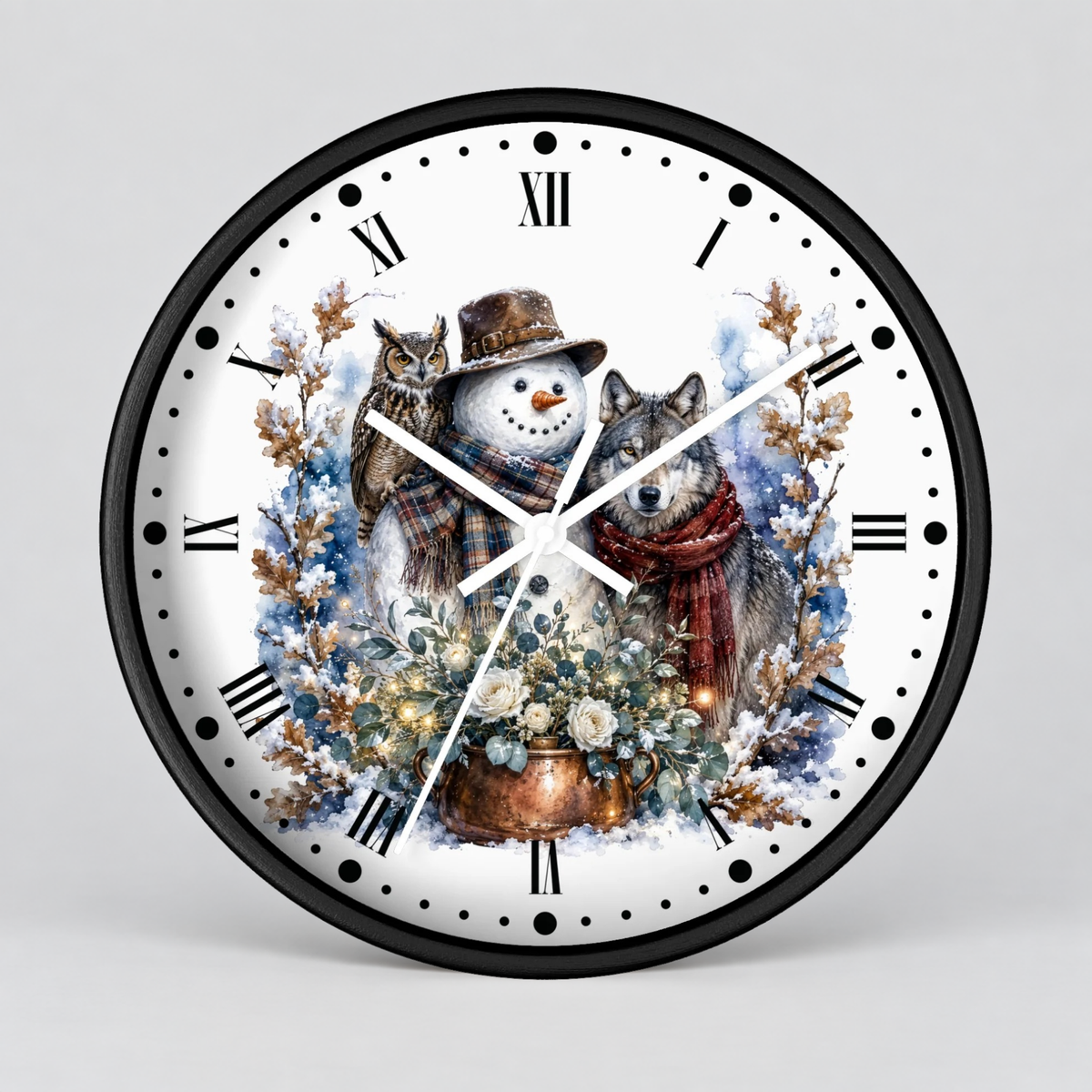 A round wall clock with a black frame and a white face featuring a winter illustration of a snowman, a wolf, an owl, and floral arrangements, set against a light gray background.