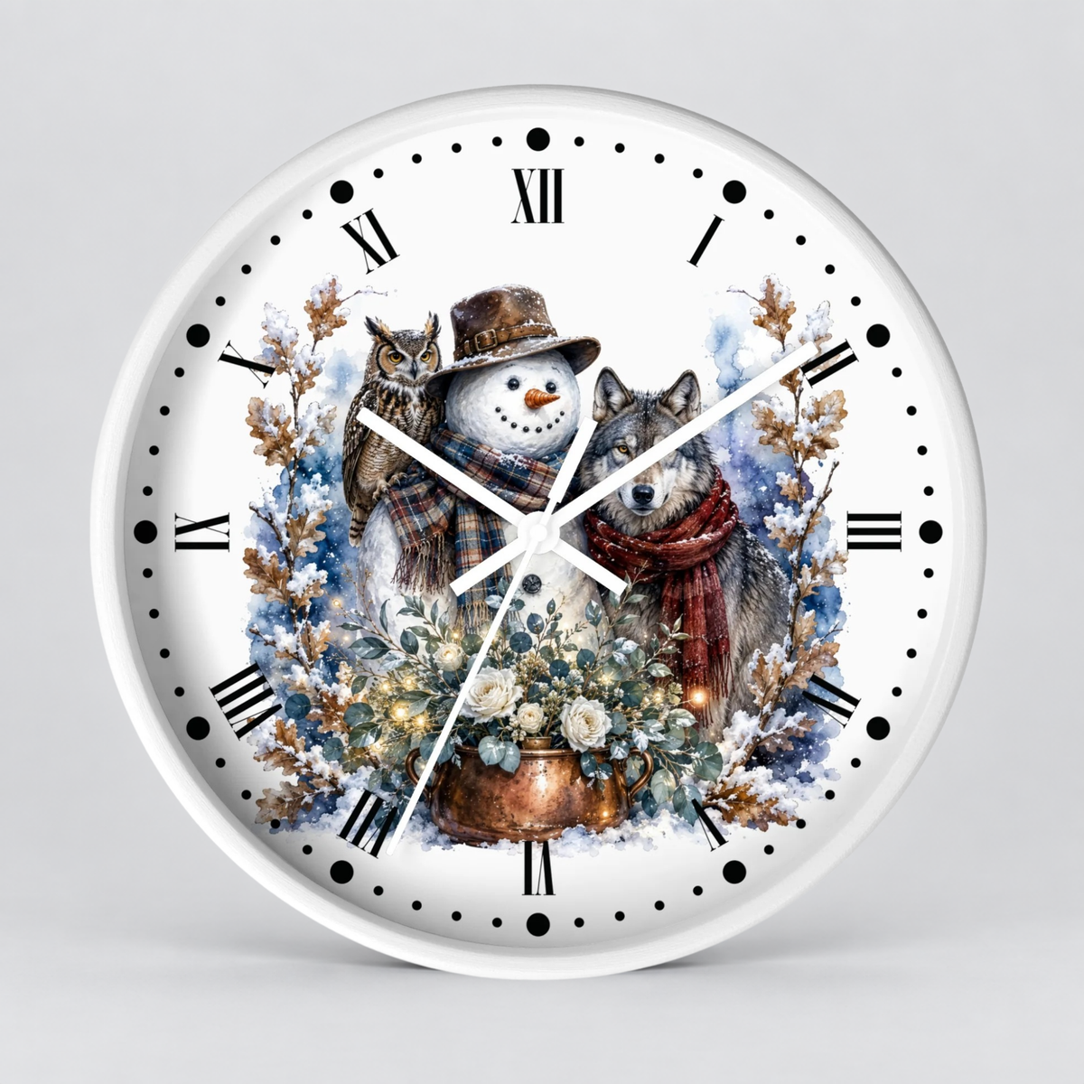 A round white wall clock with black Roman numerals and hour markers, featuring a winter illustration of a snowman in a hat, a wolf, a cat, flowers, and blue snowy foliage on the face, shown against a light gray background.