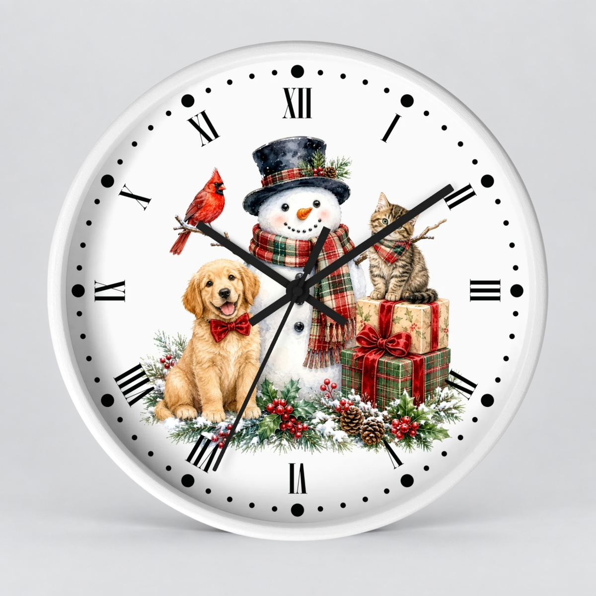 A round white wall clock with black Roman numerals and hands, decorated with a festive Christmas scene featuring a snowman, golden retriever dog, tabby cat, red cardinal, green garlands, pinecones, and wrapped gifts.