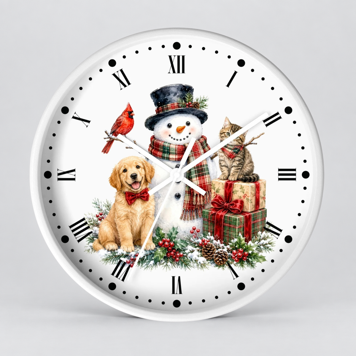 A round white wall clock with a festive Christmas illustration on the face, featuring a golden retriever, a snowman, a red cardinal, a tabby cat, pinecones, holly, and wrapped gifts. The clock has black Roman numerals and black dot hour markers, with white hands, set against a light gray background.