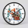 A round black-framed wall clock with a white face featuring a festive winter illustration of a snowman in an orange hat and scarf, a raccoon in a basket, evergreen trees, and a bird, with black Roman numerals and hands on a light gray background.
