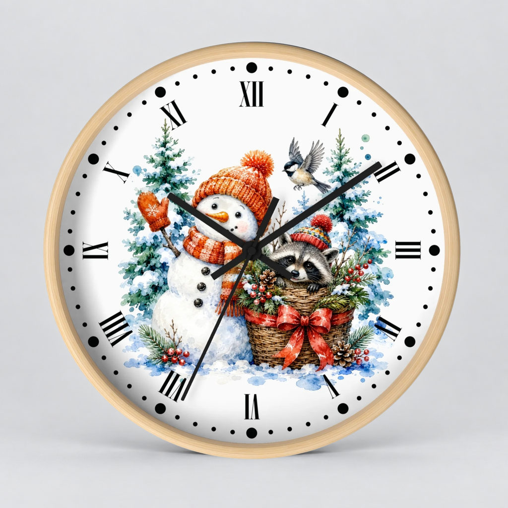 A round wall clock with a light wood frame and a white face, featuring a festive winter illustration of a snowman in an orange hat and scarf, a raccoon in a basket with a red bow, evergreen trees, and a small bird. The clock is shown against a neutral light gray background.