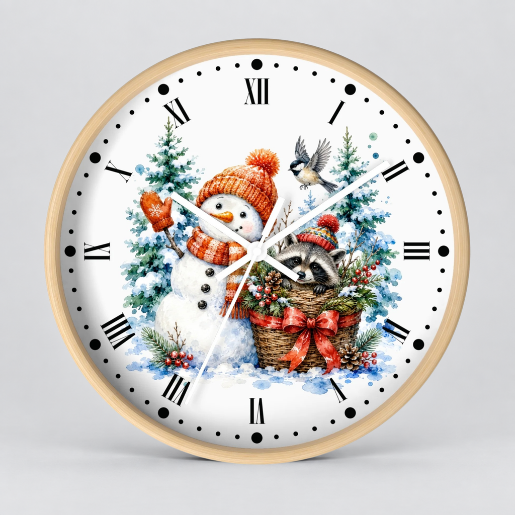 A round wall clock with a light wood frame and a white face featuring a festive Christmas illustration. The design shows a snowman in an orange knit hat and scarf, a raccoon in a basket with red bows, evergreen trees, and a small bird, with black Roman numerals and hands on a light gray background.
