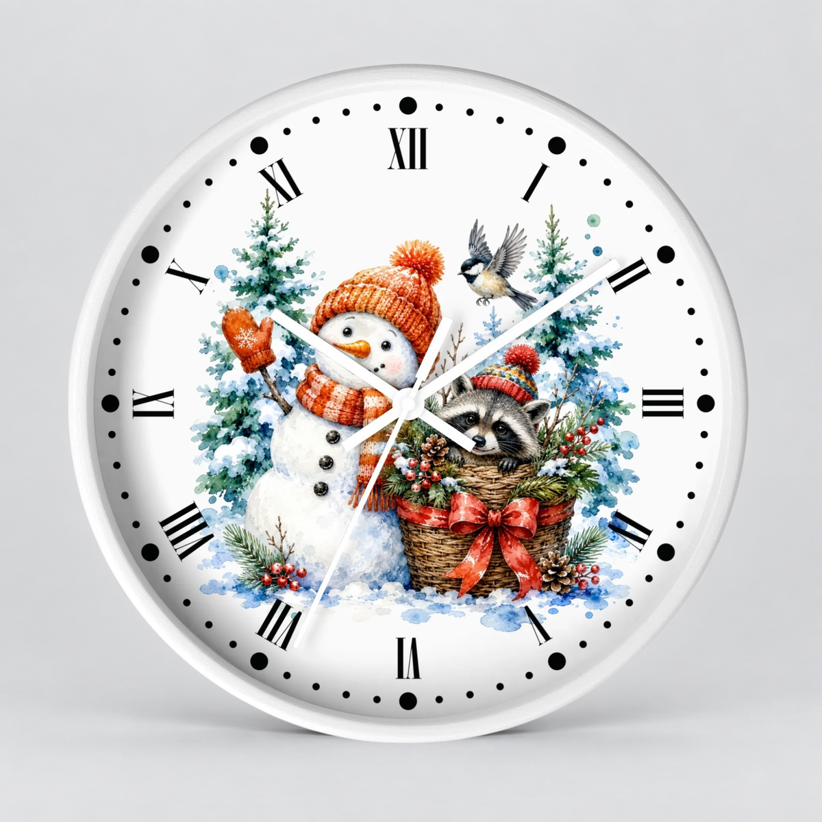A round white wall clock with black Roman numerals and hands, featuring a festive Christmas illustration on the face with a snowman in an orange hat, evergreen trees, a bird, and a raccoon in a basket.