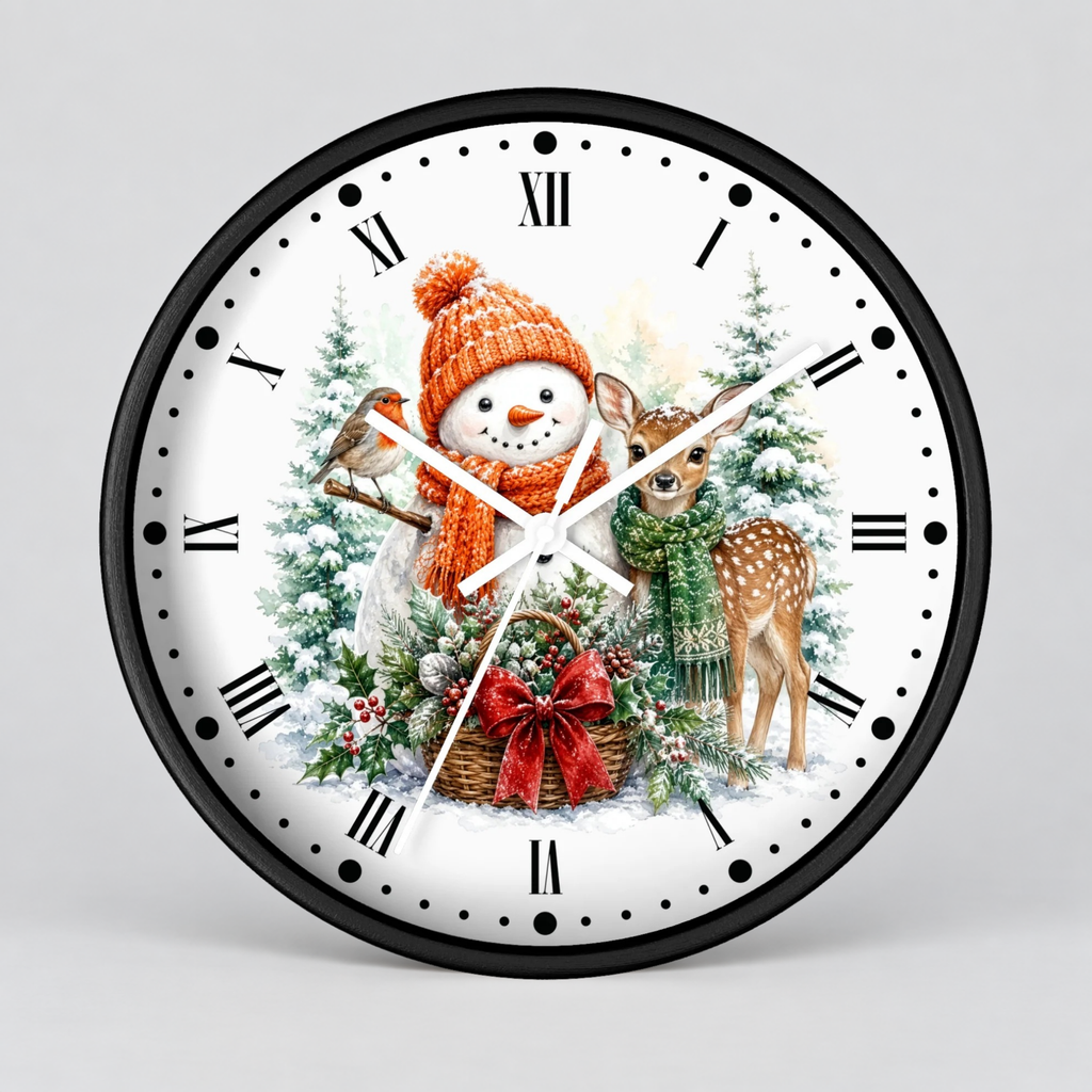 A round wall clock with a black frame and a white face featuring a festive Christmas illustration of a snowman in an orange hat, a bird, a deer, evergreen trees, and a red bow, set against a light gray background.