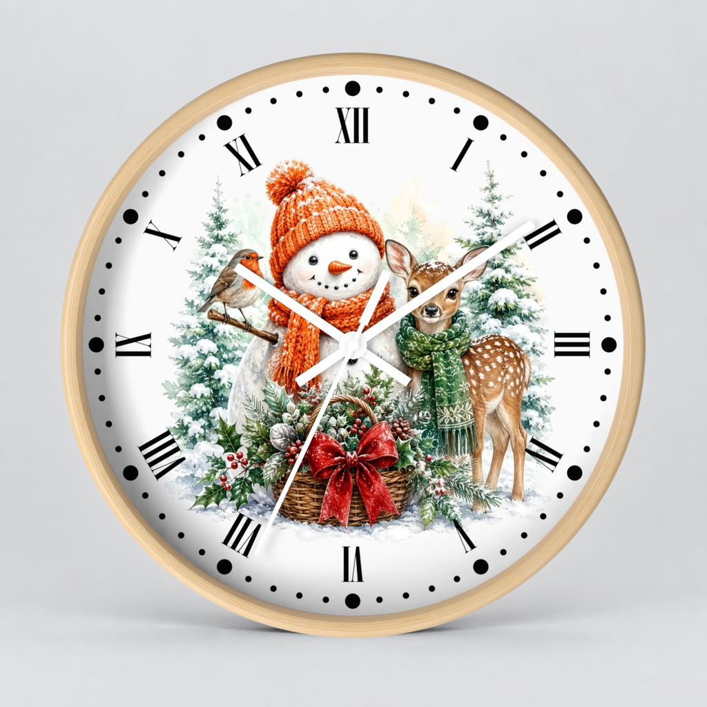 A round wall clock with a light wood frame and a white face featuring a festive Christmas illustration of a snowman in an orange knit hat and scarf, a bird, a deer, evergreen trees, and a red bow. The clock is shown against a neutral light gray background.
