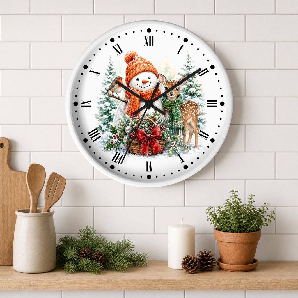 A round wall clock with a white face and black Roman numerals, decorated with a festive Christmas illustration featuring a snowman in an orange knit hat, a deer, evergreen trees, and red bows. The clock is mounted on a white subway tile wall above a wooden shelf styled with kitchen utensils, pinecones, a candle, and a potted plant.