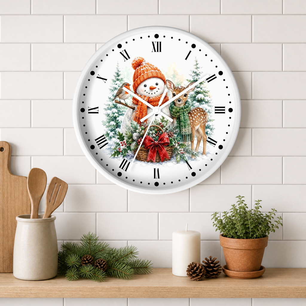 A round white wall clock with a festive Christmas illustration featuring a snowman in an orange knit hat, a deer, pine trees, and a red bow. The clock is mounted on a white subway tile wall above a wooden shelf styled with kitchen utensils, a candle, pinecones, and a potted plant.