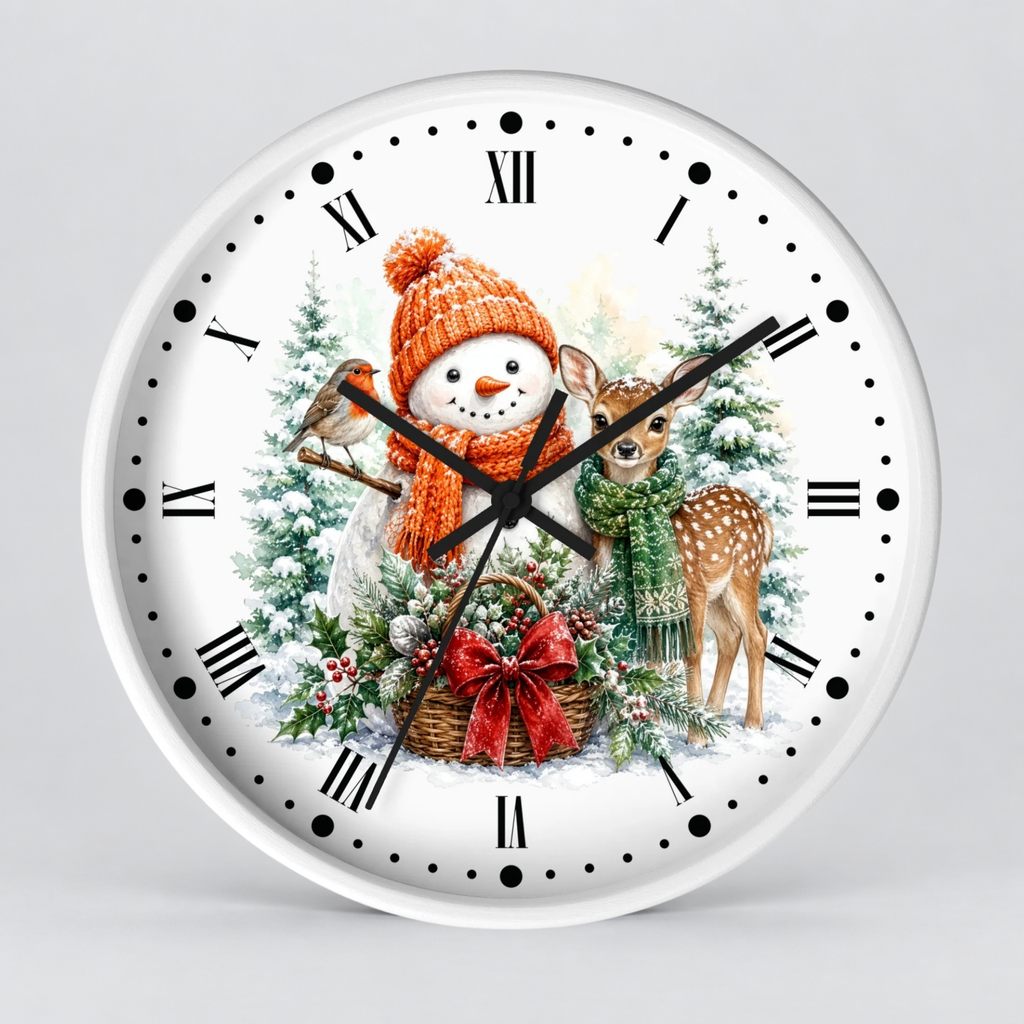 A round white wall clock with a festive Christmas illustration on the face, featuring a snowman in an orange hat, a robin, a deer, evergreen trees, and a red bow, with black Roman numerals and hands on a light gray background.