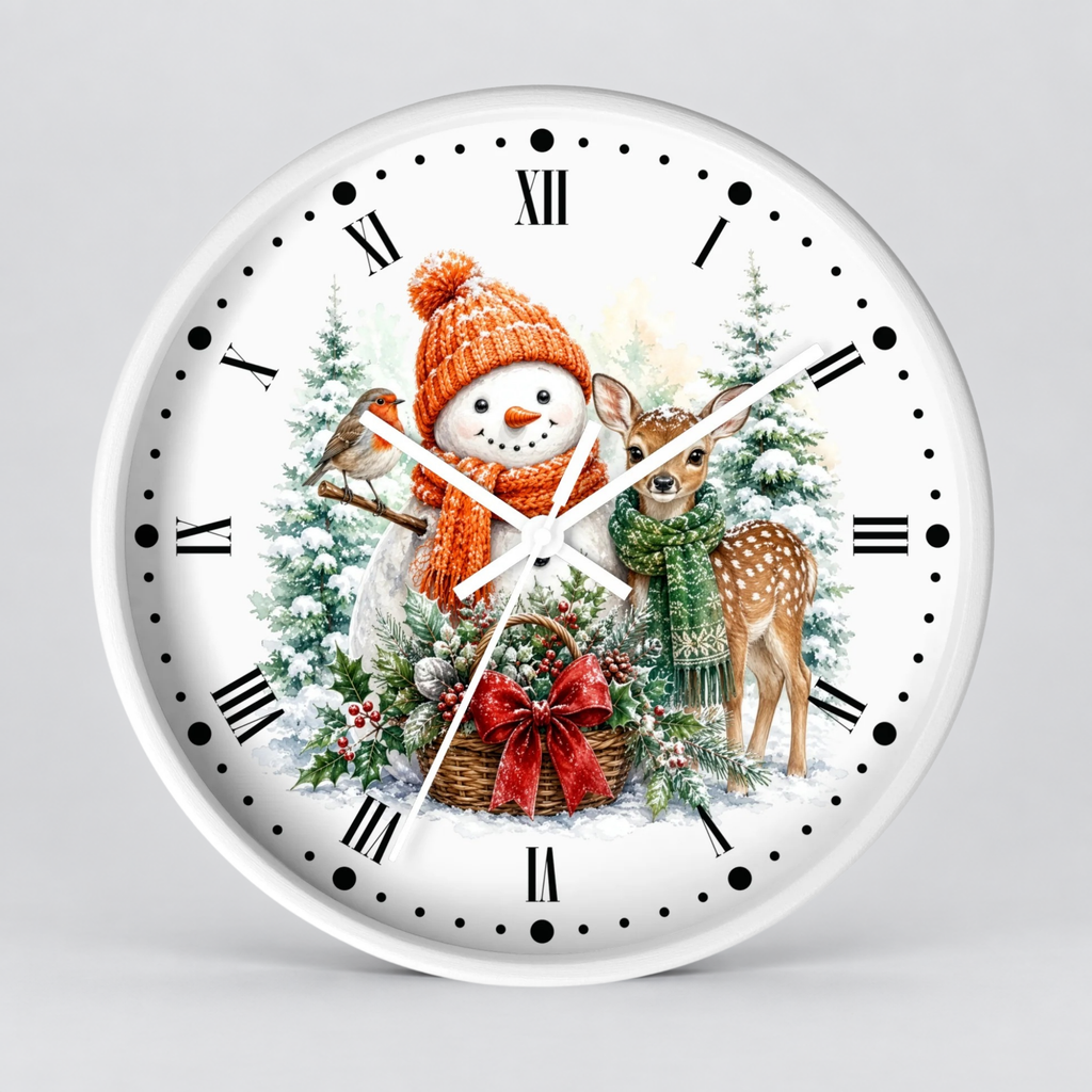 A round white wall clock with black Roman numerals and hands, featuring a festive Christmas illustration on the face with a snowman in an orange hat, a robin, evergreen trees, a deer, and a red bow, shown against a light gray background.