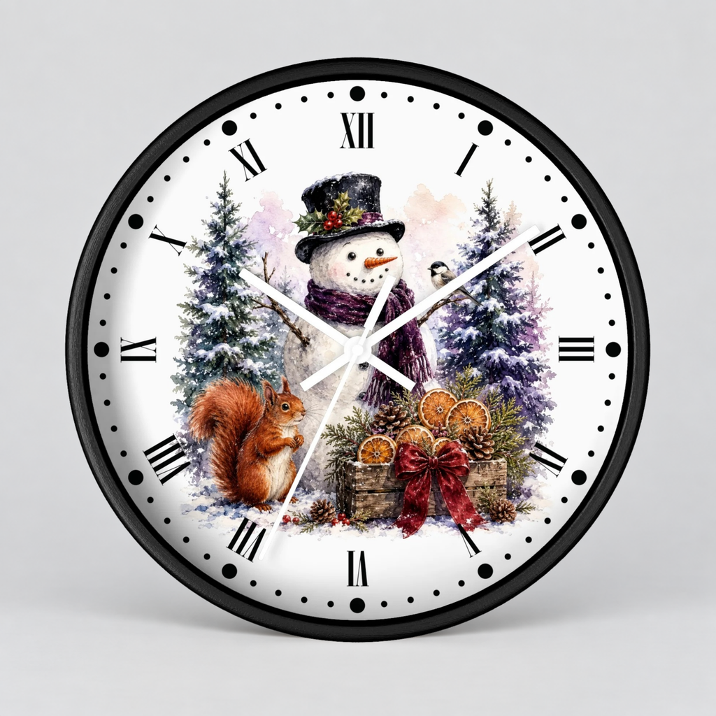 A round wall clock with a black frame and a white face featuring a winter holiday illustration of a snowman, a squirrel, evergreen trees, and gift baskets. The clock is shown against a neutral light gray background.
