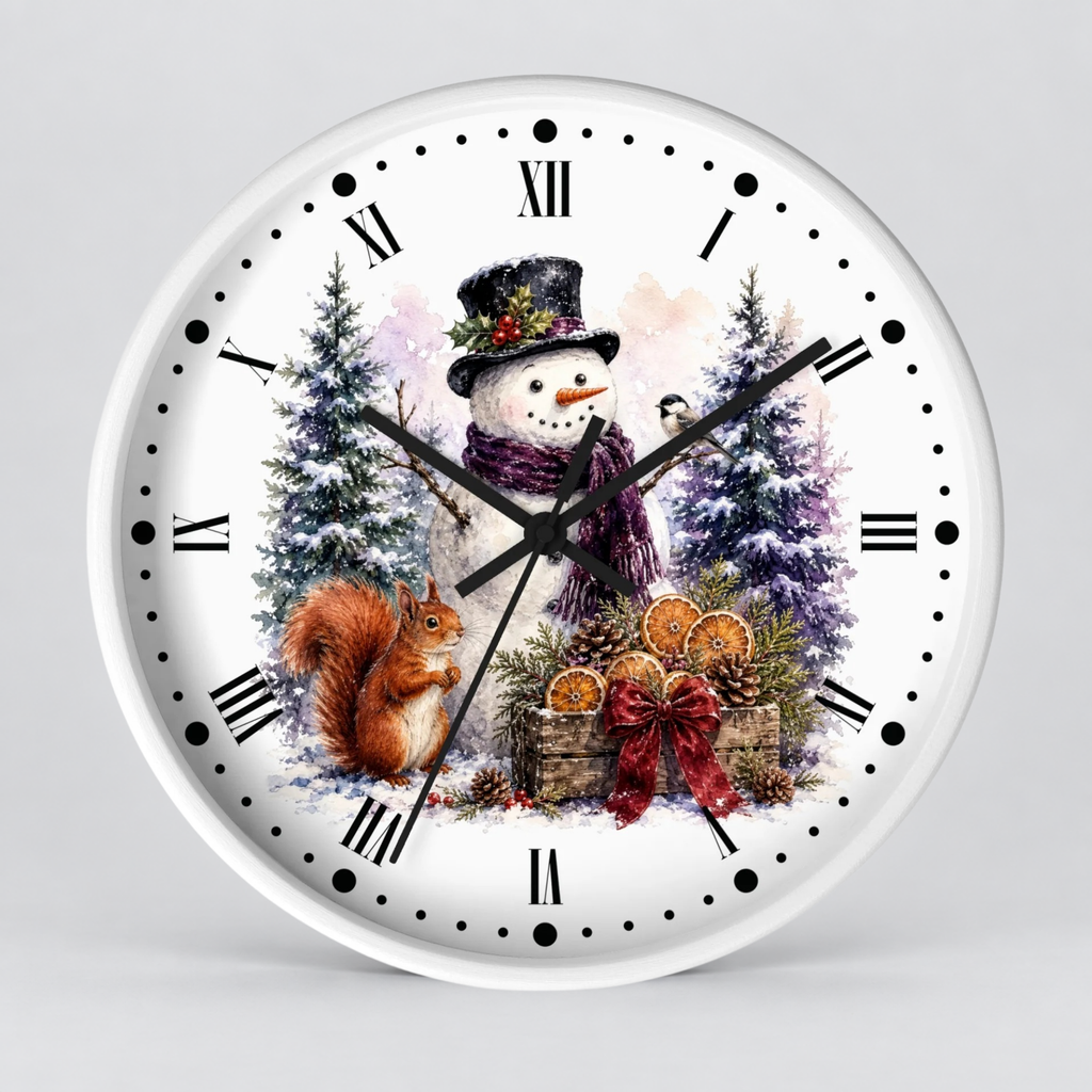 A round white wall clock with a festive winter illustration on the face, featuring a snowman in a top hat, a squirrel, evergreen trees, and holiday decorations. The clock has black Roman numerals and black hands, photographed against a light gray background.