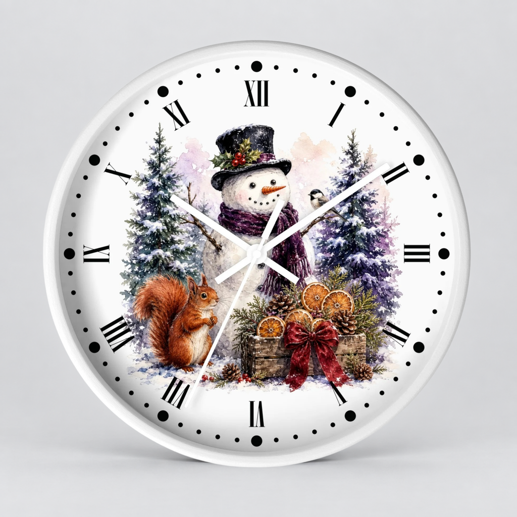 A round white wall clock with a festive winter illustration on the face, featuring a snowman in a top hat, a squirrel, evergreen trees, and a red bow, shown against a light gray background.