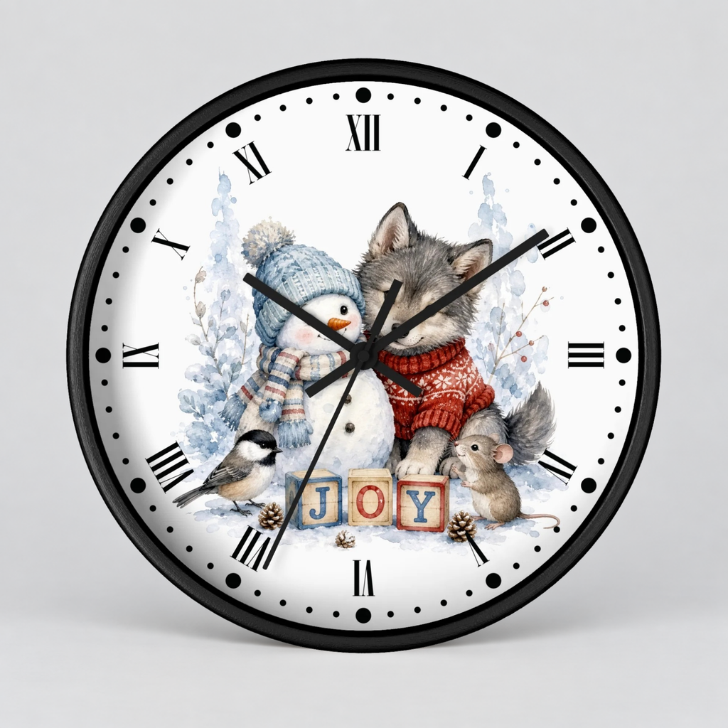 A round wall clock with a black frame and a white face featuring a winter illustration of a wolf, snowman, bird, and small mouse around wooden blocks spelling 'JOY'. The clock is shown against a light gray background.