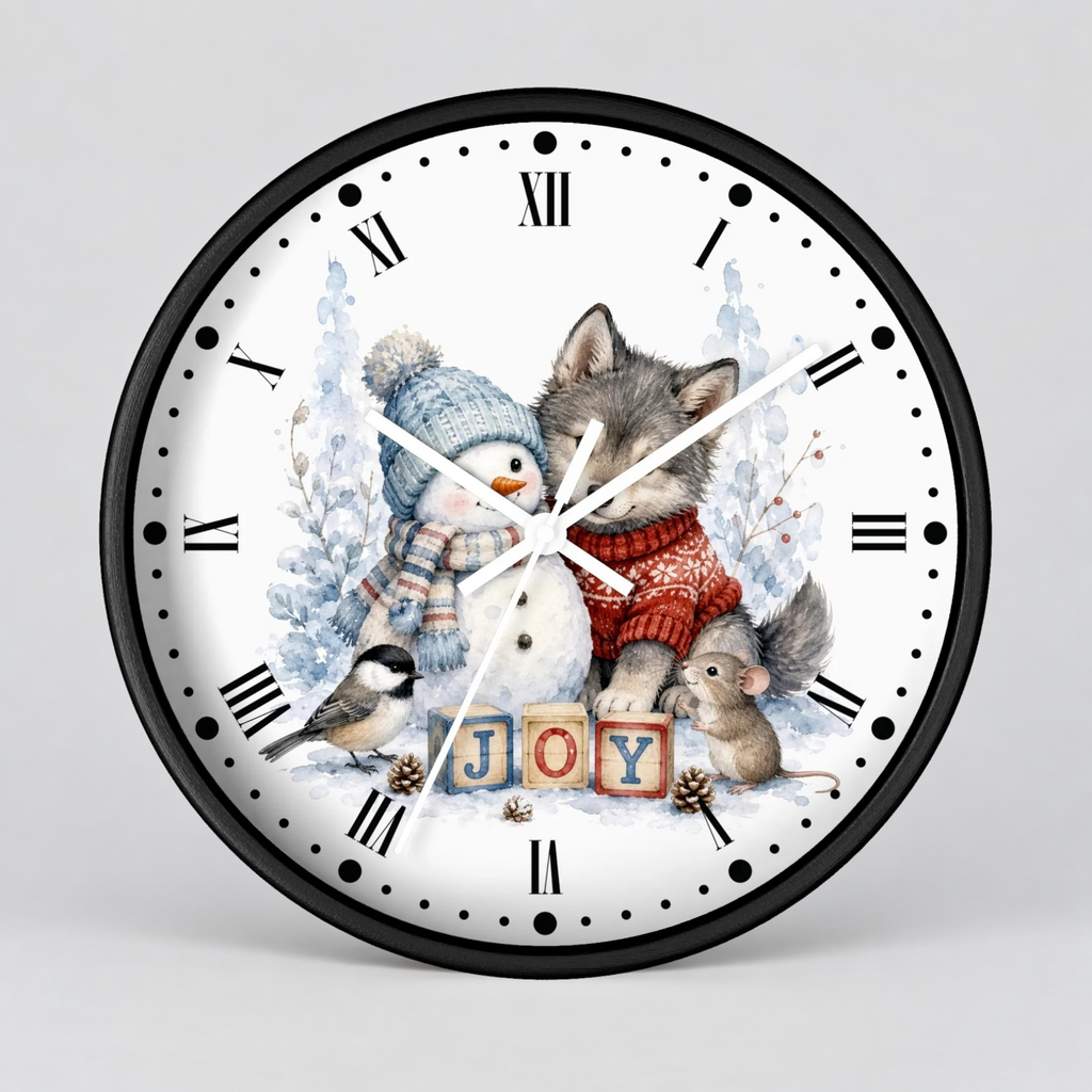 A round wall clock with a black frame and a white face featuring a winter holiday illustration of a snowman, a gray wolf, a small bird, a mouse, and the word 'JOY' in wooden blocks. The clock is shown against a neutral light gray background.
