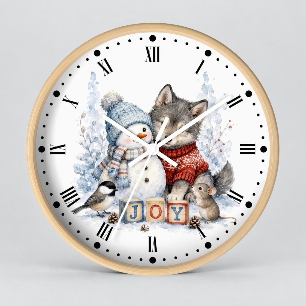 A round wall clock with a light wood frame and a white face featuring a winter illustration of a snowman, wolf, mouse, bird, and the word 'JOY' in wooden blocks.